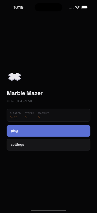 The Marble Mazer menu, showing boards cleared, day streak and marbles unlocked.